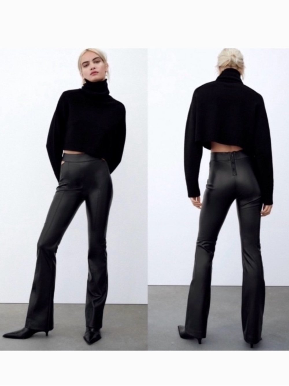 ZARA FAUX LEATHER HIGH RISE CUTOUT WAISTBAND BOOT CUT PANTS ✨